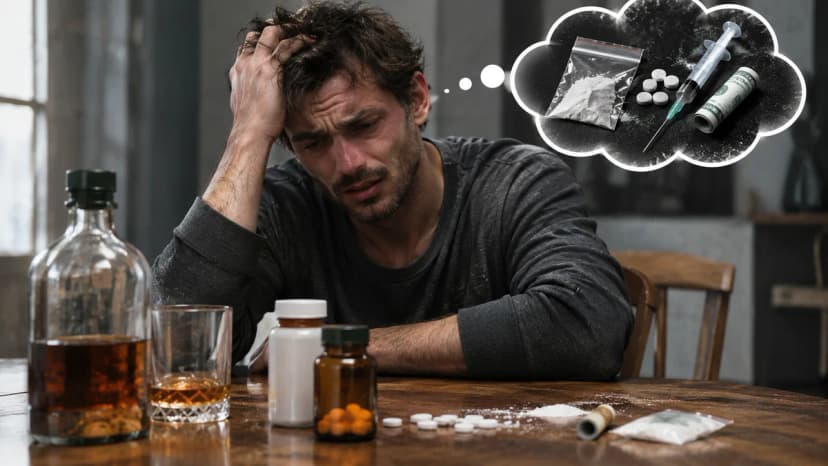 Un homme en détresse entouré de bouteilles d'alcool et de médicaments illustre le lien entre addiction et troubles psychiatriques.