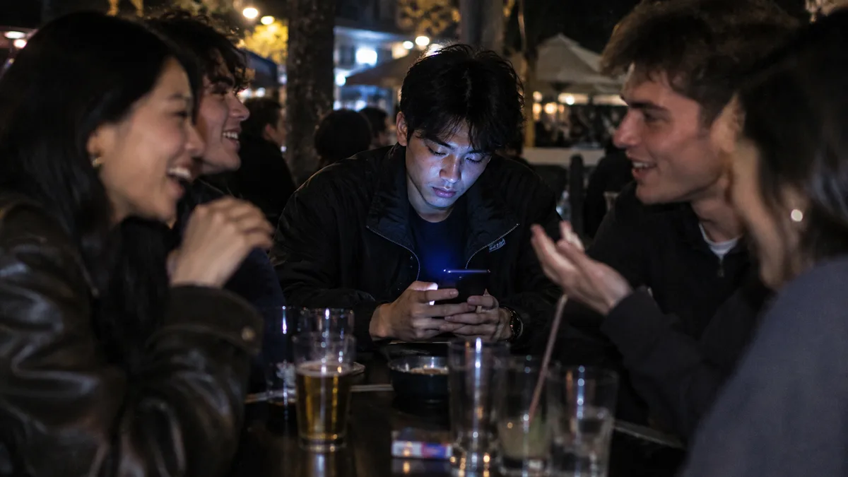 Un groupe d'amis en soirée où un homme est absorbé par son smartphone, illustrant l'impact des réseaux sociaux sur les interactions sociales.