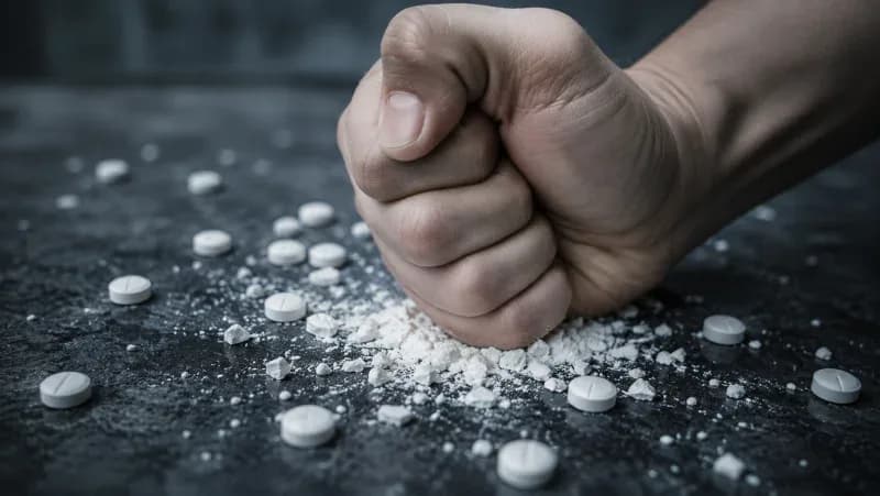 A clenched fist crushes white tablets into powder on a dark, textured surface, with scattered pills and fragments surrounding it.
