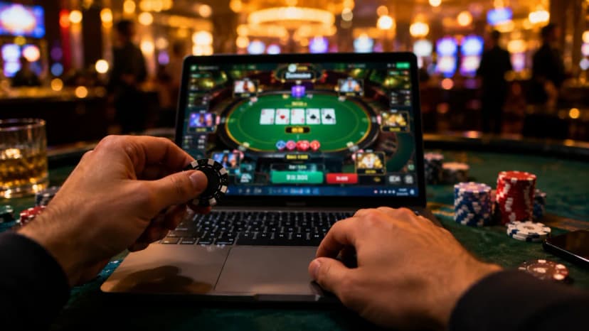 Une personne tenant une puce de casino devant un ordinateur portable affichant un jeu de roulette en ligne dans une salle de casino.