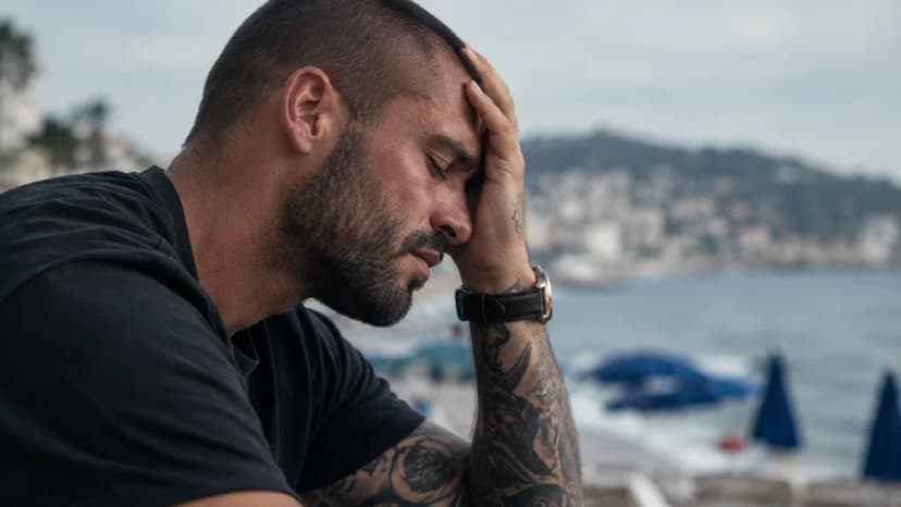 Un homme aux tatouages semble accablé et pensif face à la mer, illustrant la lutte intérieure face au craving.