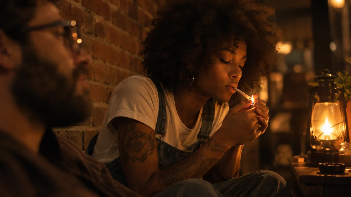 Una mujer con cabello rizado enciende un cigarrillo a la luz de una linterna, ilustrando los mecanismos de la adicción a la nicotina.