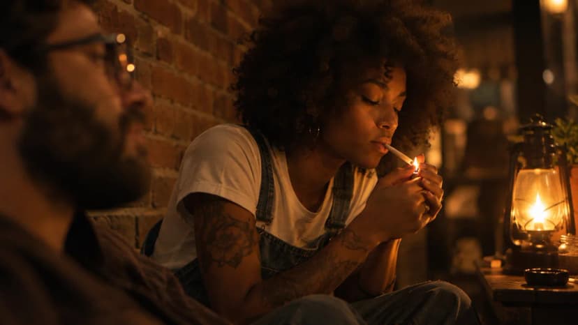 Una mujer con cabello rizado enciende un cigarrillo a la luz de una linterna, ilustrando los mecanismos de la adicción a la nicotina.