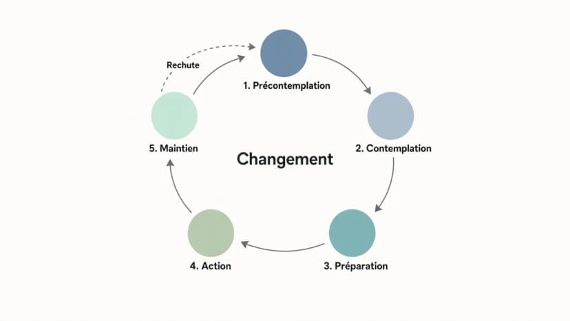 Schéma circulaire illustrant les 5 étapes du modèle de changement de Prochaska et DiClemente pour la gestion du comportement.