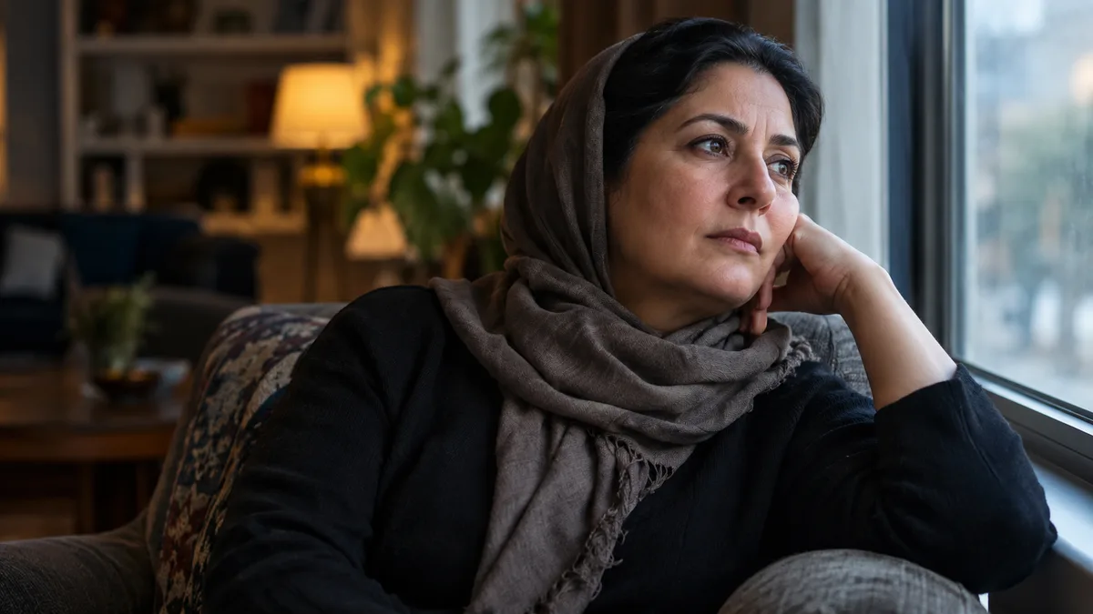 Une femme pensive avec un foulard regarde par la fenêtre, illustrant la solitude et les défis des femmes face aux addictions.