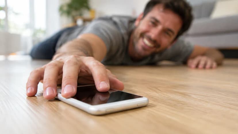 Un hombre sonriente tumbado en el suelo usando su teléfono móvil, ilustrando el apego excesivo y la nomofobia.