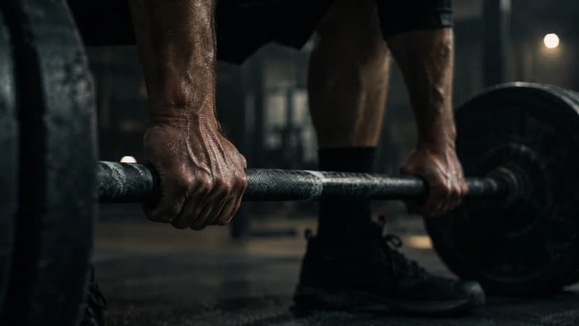 Un atleta musculoso sujeta una barra de pesas cargada, ilustrando los efectos físicos de los esteroides anabólicos.