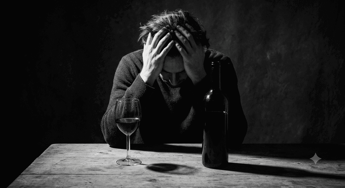 Un homme désespéré assis à une table en bois dans une pièce faiblement éclairée. Il a ses mains dans ses cheveux, la tête baissée, et semble souffrir. Sur la table devant lui se trouvent une bouteille de vin rouge ouverte, un verre à moitié plein de vin rouge.