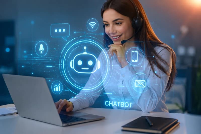 Young woman using a laptop with a holographic AI chatbot interface.