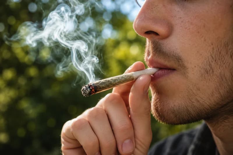 Close-up of cannabis smoking with visible smoke, illustrating use for