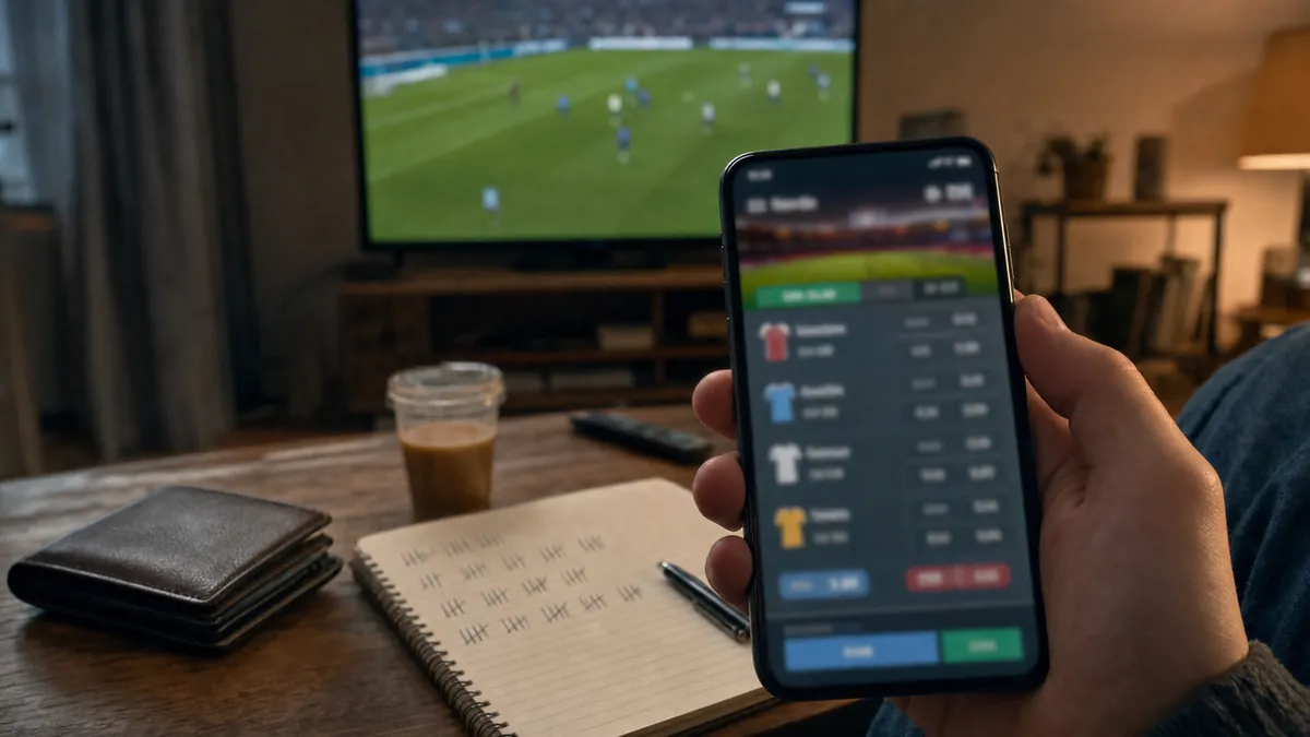 Personne consultant des cotes de paris sportifs sur un smartphone pendant un match de football à la télévision