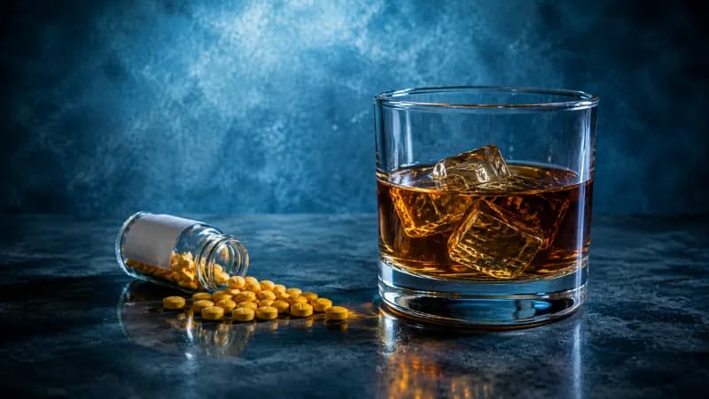 Glass of whisky on ice beside an overturned pill bottle spilling yellow tablets on a dark table, illustrating the dangers of mixing alcohol and medication