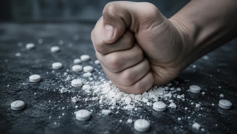 A clenched fist crushes white tablets into powder on a dark, textured surface, with scattered pills and fragments surrounding it.