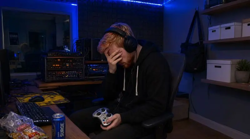 Jeune homme blond à la barbe rousse, casque audio sur les oreilles et hoodie noir, assis dans un home studio sombre éclairé en bleu. Il tient une manette de jeu argentée et se couvre le visage de la main, signe d'épuisement et de frustration après une longue session de jeu nocturne.