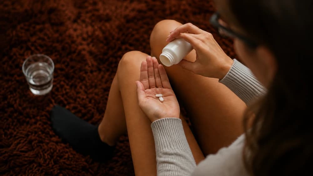Person holding two pills and a medicine bottle on a rug.