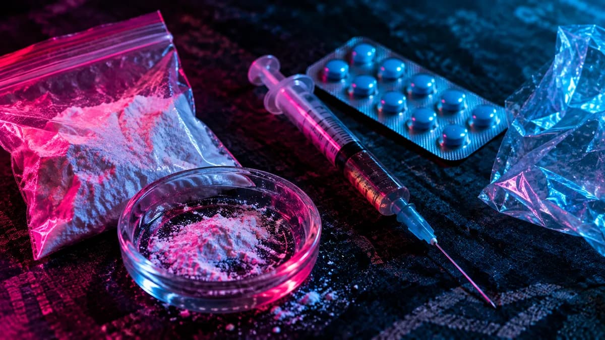 Une seringue, des comprimés et de la poudre blanche évoquant les enjeux des traitements par agonistes opioïdes pour la dépendance.