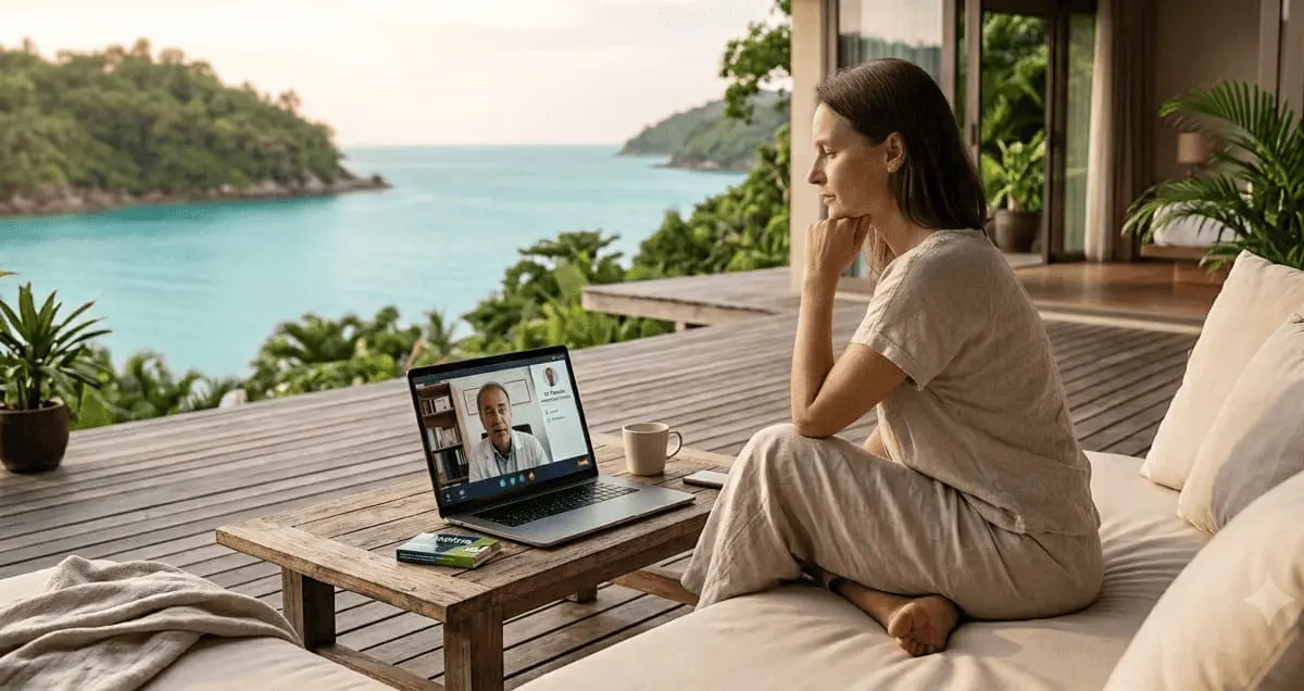 Femme expatriée en téléconsultation avec un professionnel, face à la mer, pour évoquer addiction et accompagnement à distance